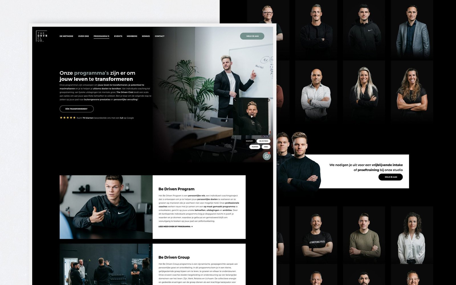 Een professionele website-indeling met verschillende secties, waaronder portretten van teamleden, tekst over een programma om levens te transformeren en foto's van videosessies. elementen zijn netjes gerangschikt met een modern, monochromatisch kleurenschema.